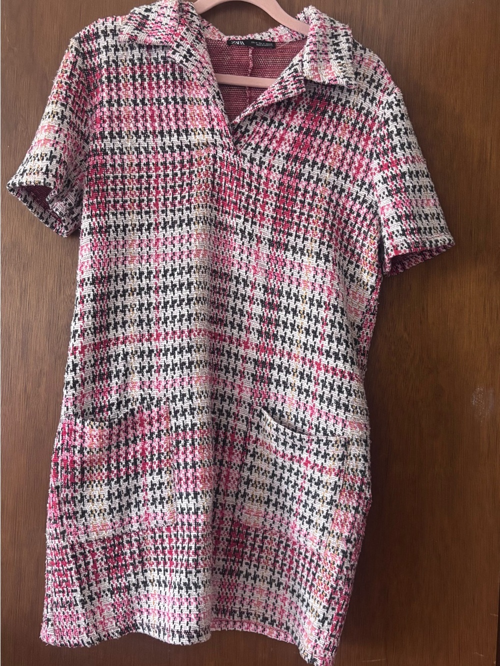 Zara Pink, Black & Cream Tweed Short-Sleeve Tunic